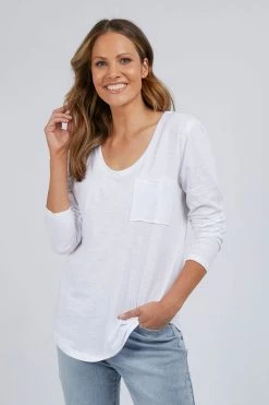 Foxwood Myra Pocket Scoop Neck White Cotton LS Tee