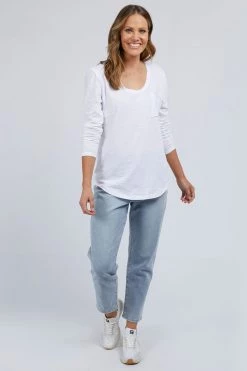Foxwood Myra Pocket Scoop Neck White Cotton LS Tee