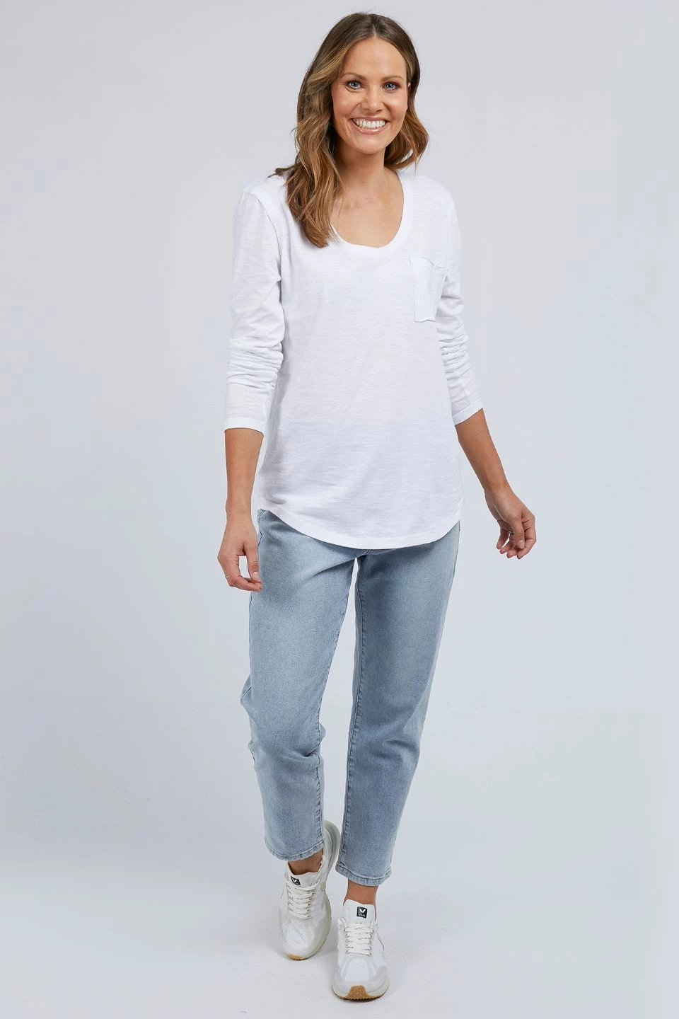 Foxwood Myra Pocket Scoop Neck White Cotton LS Tee