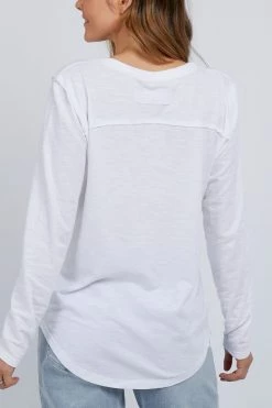 Foxwood Myra Pocket Scoop Neck White Cotton LS Tee