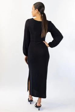 Among The Brave New In New Moon Black Shimmer LS Puff Sleeve Ring Midi Dress
