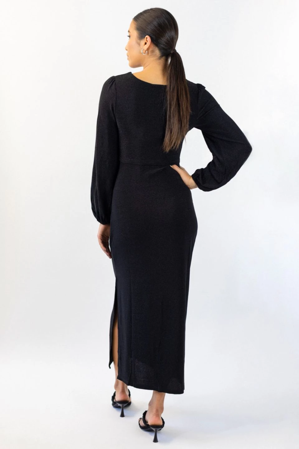 Among The Brave New In New Moon Black Shimmer LS Puff Sleeve Ring Midi Dress