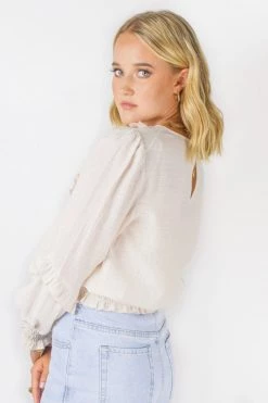 Among The Brave Cloud Sand Shirred Hem LS Ruffle Puff Sleeve Lace Trim Top