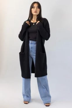 Among The Brave New In Secure Black Longline Knit Cardigan With Pockets