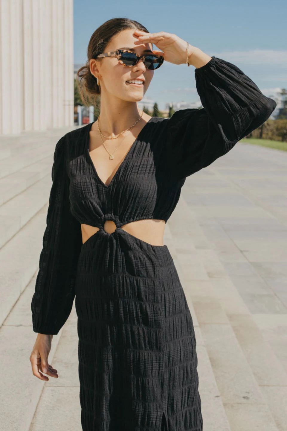 Ivy + Jack Skyler Black Shirred Cotton LS V Neck Waist Cut Out Maxi Dress