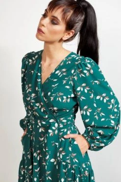 Drama The Label New In Tracey Green Tea Floral LS Wrap Midi Dress