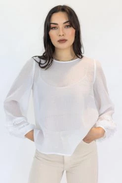 Among The Brave Ava Ivory Crinkle Shimmer Double Ruffle Puff Sleeve Top