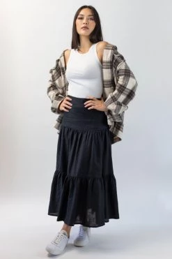 Among The Brave New In Blazing Black Tiered Linen Midi Skirt