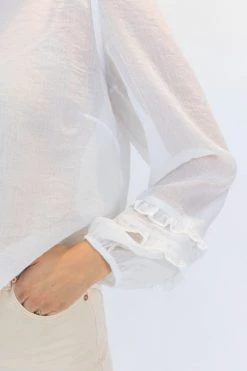 Among The Brave Ava Ivory Crinkle Shimmer Double Ruffle Puff Sleeve Top