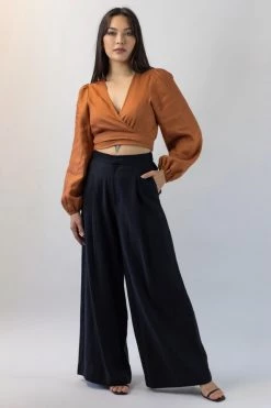 Ivy + Jack Eclipse Black Sandwashed Man Style Viscose Pleat Front Wide Leg Pant