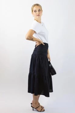 Among The Brave New In Blazing Black Tiered Linen Midi Skirt