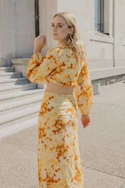 Ivy + Jack Dresses Skyler Marigold Floral LS V Neck Waist Cut Out Maxi Dress