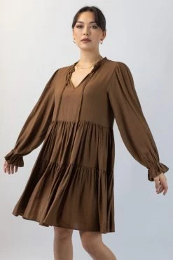 Ivy + Jack Billie Pecan Crinkle LS Frill V Neck Tiered Mini Dress New In