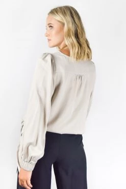 Among The Brave New In Jupiter Sand LS Puff Sleeve Satin Tie Hem Top