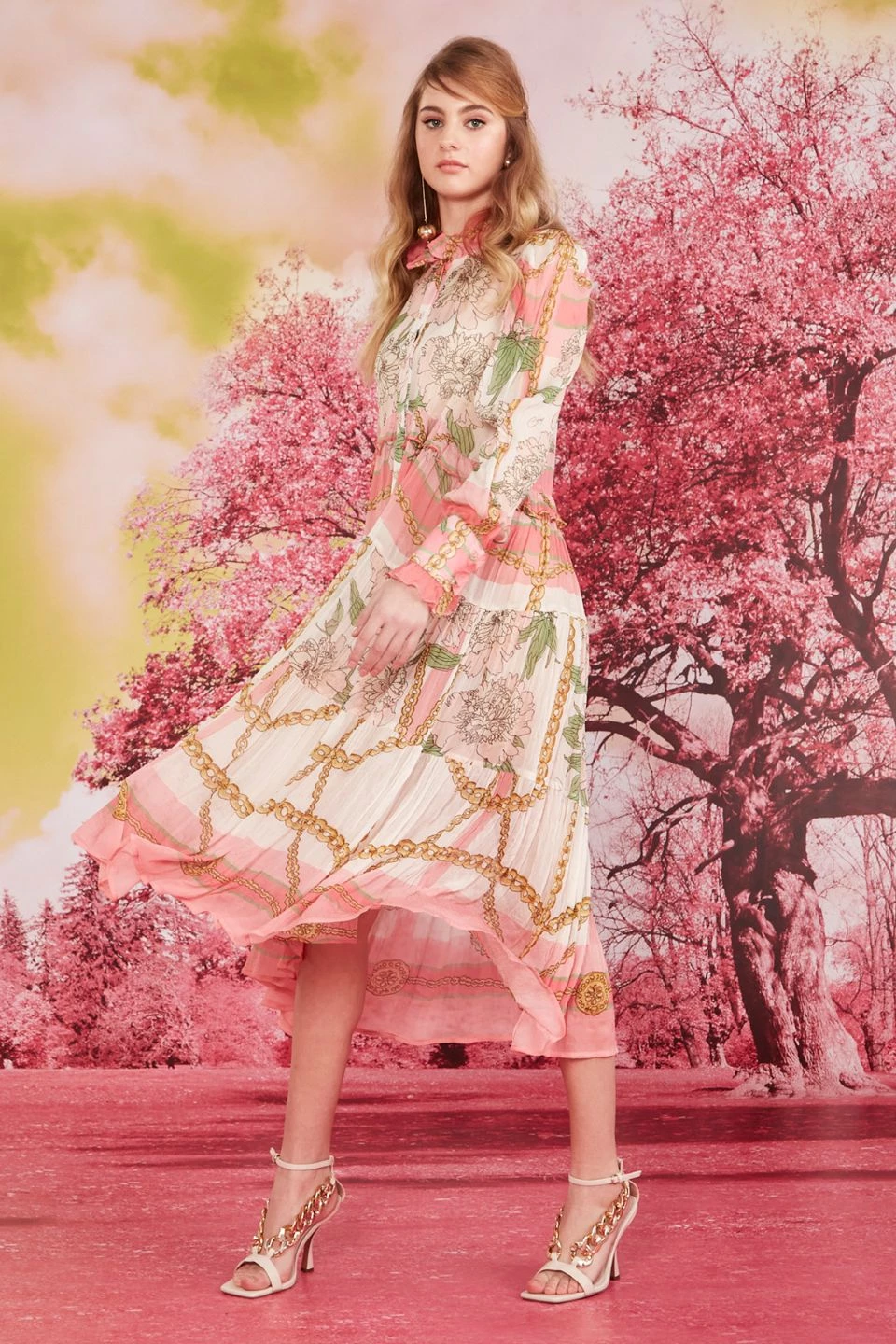 Coop Dressed To Frill Pink Print LS Midi Dress