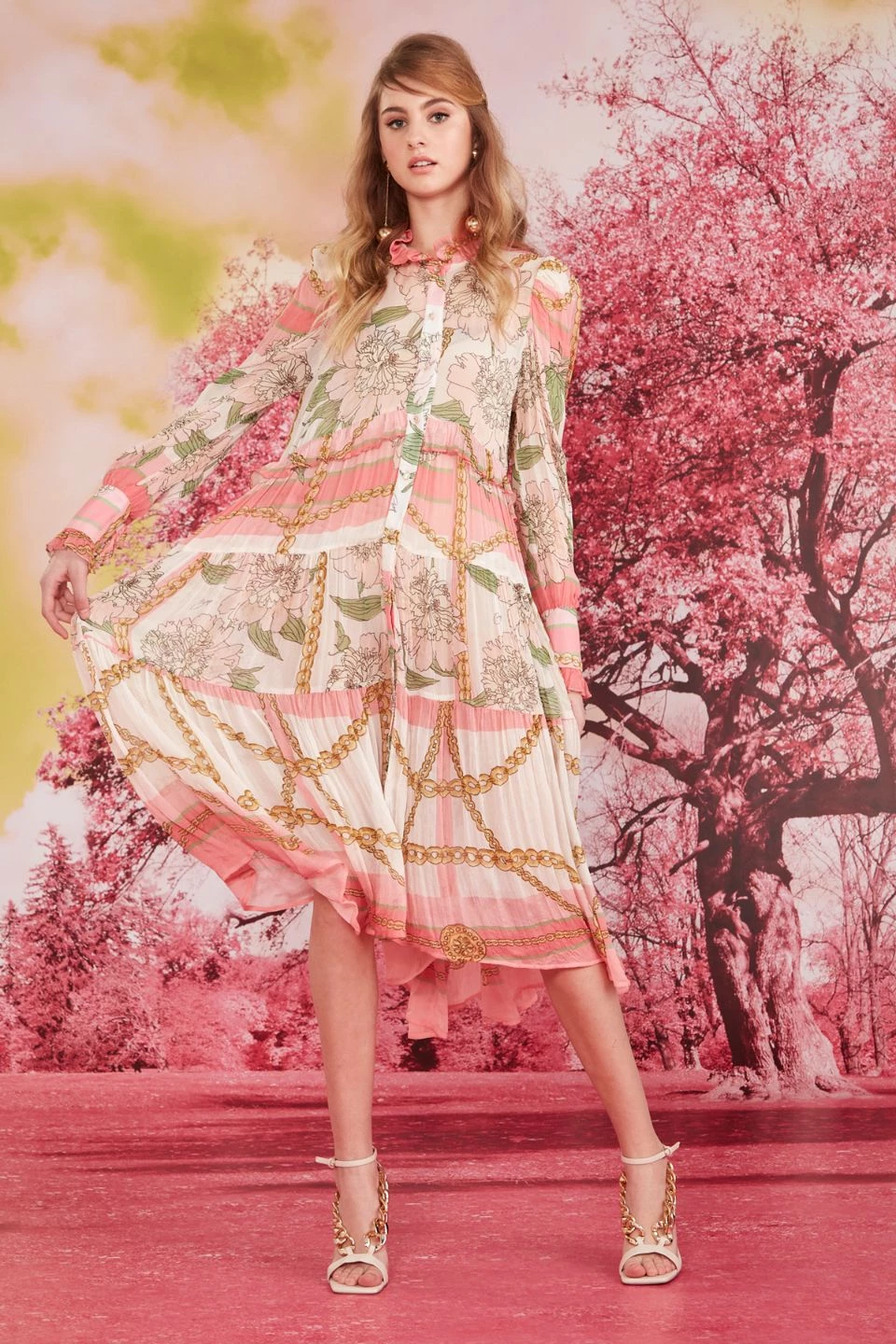 Coop Dressed To Frill Pink Print LS Midi Dress