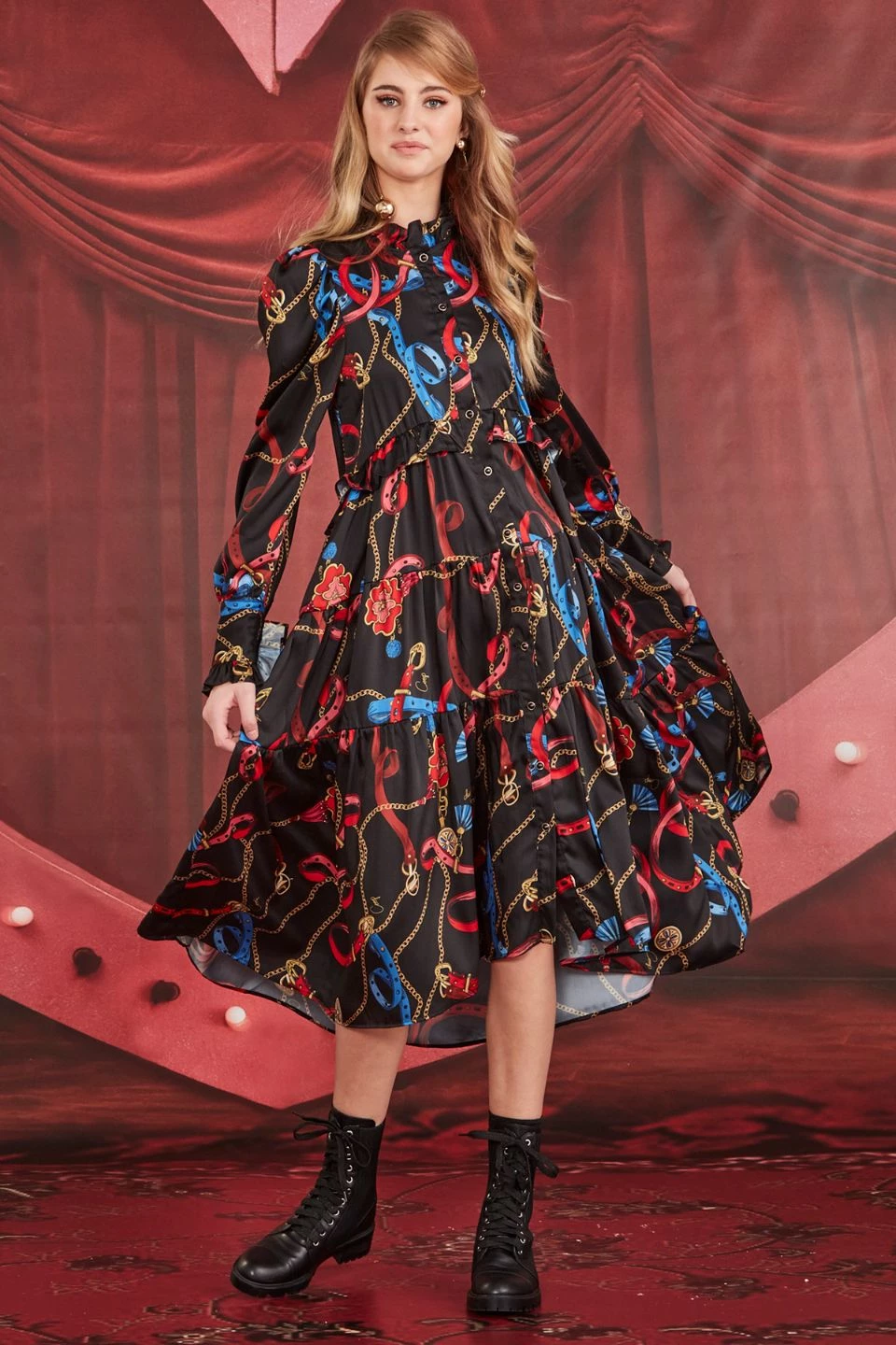 Coop Dresses Dressed To Frill Chain Black Print LS Midi Dress