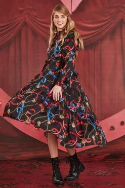 Coop Dresses Dressed To Frill Chain Black Print LS Midi Dress