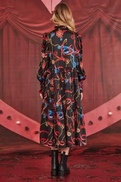 Coop Dresses Dressed To Frill Chain Black Print LS Midi Dress