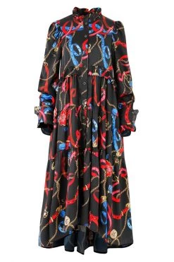 Coop Dresses Dressed To Frill Chain Black Print LS Midi Dress