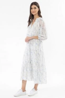 Leila + Luca Stellar Lavender Floral Flutter Sleeve V Neck Tiered Midi Dress New In