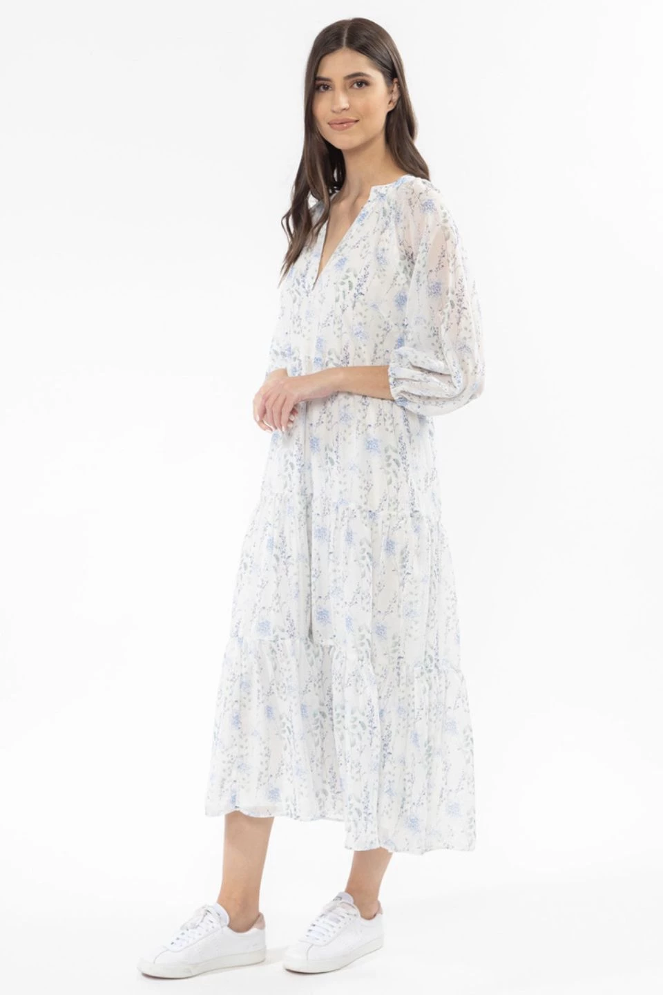 Leila + Luca Stellar Lavender Floral Flutter Sleeve V Neck Tiered Midi Dress New In