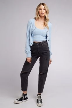 All About Eve Monica Blue Button Down Crew Neck LS Cardi