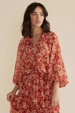 Mink Pink Dover Red Floral V Neck Balloon LS Blouse New In