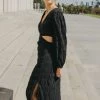 Ivy + Jack Skyler Black Shirred Cotton LS V Neck Waist Cut Out Maxi Dress