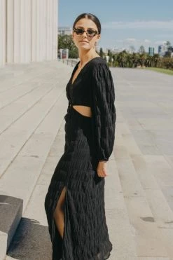 Ivy + Jack Skyler Black Shirred Cotton LS V Neck Waist Cut Out Maxi Dress