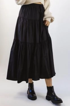Among The Brave Skirts Sensational Black Tiered Satin Tie Waist Maxi Skirt