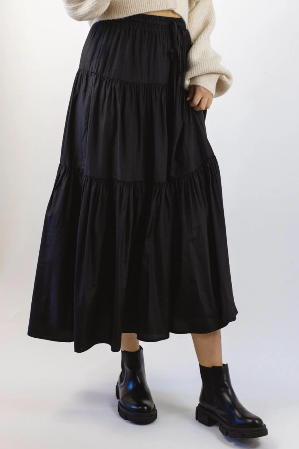 Among The Brave Skirts Sensational Black Tiered Satin Tie Waist Maxi Skirt