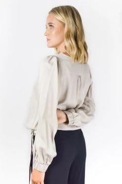 Among The Brave New In Jupiter Sand LS Puff Sleeve Satin Tie Hem Top
