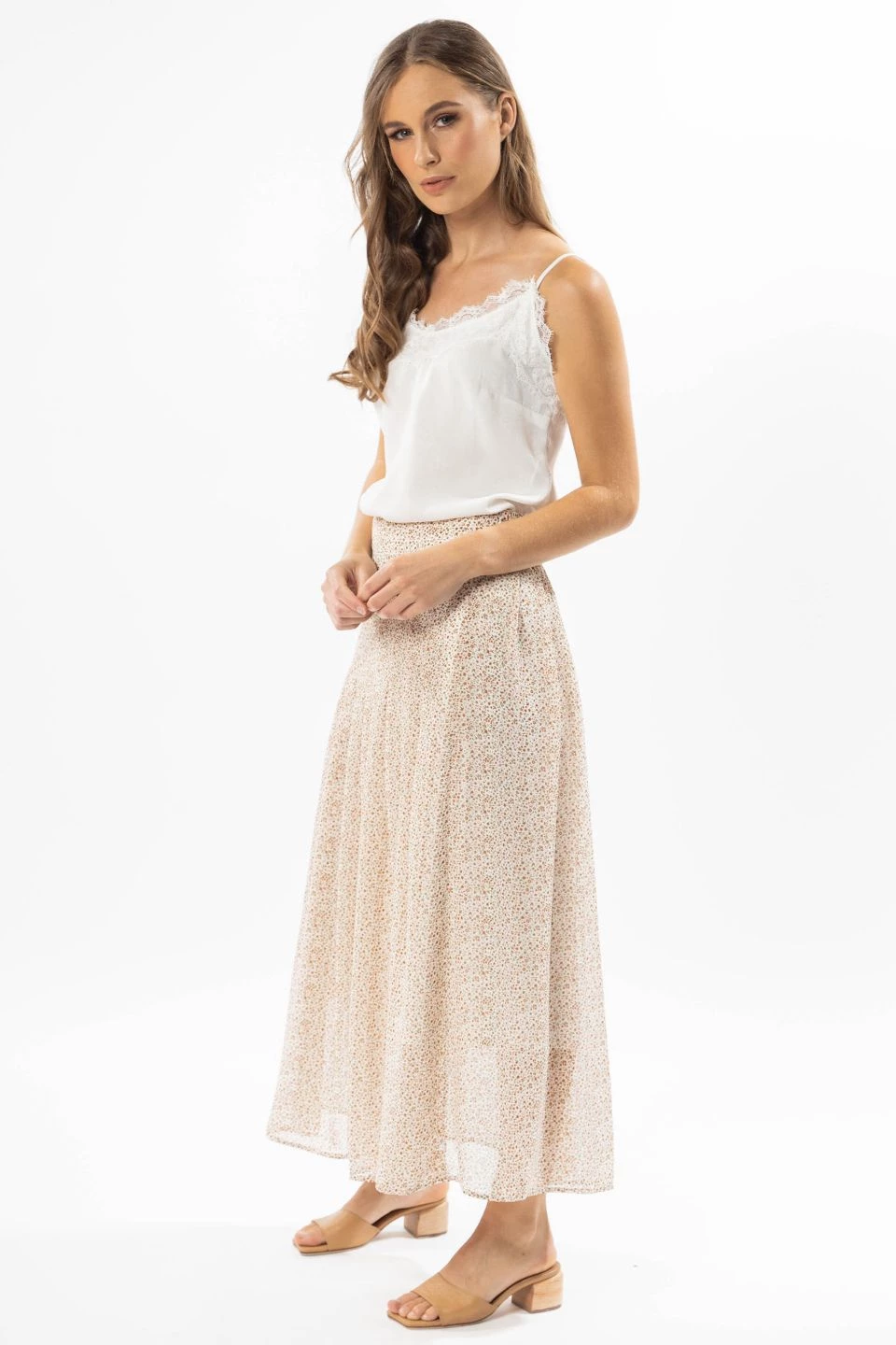 Leila + Luca Courageous Ivory Ditsy Pleated Midi Skirt Skirts