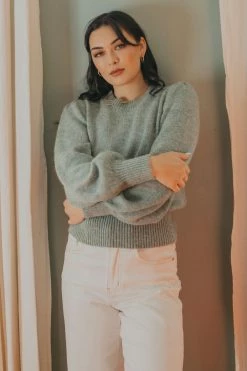 Among The Brave New In Zesty Sage Mohair Blend Balloon Sleeve Knit