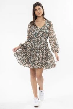 Seeking Lola Bravo Sage Stripe Floral V Neck Mid Sleeve Tiered Mini Dress New In