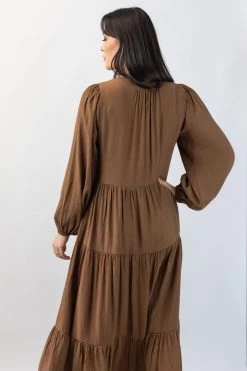 Ivy + Jack Kendall Pecan Crinkle Blouson LS V Neck Tiered Midi Dress New In