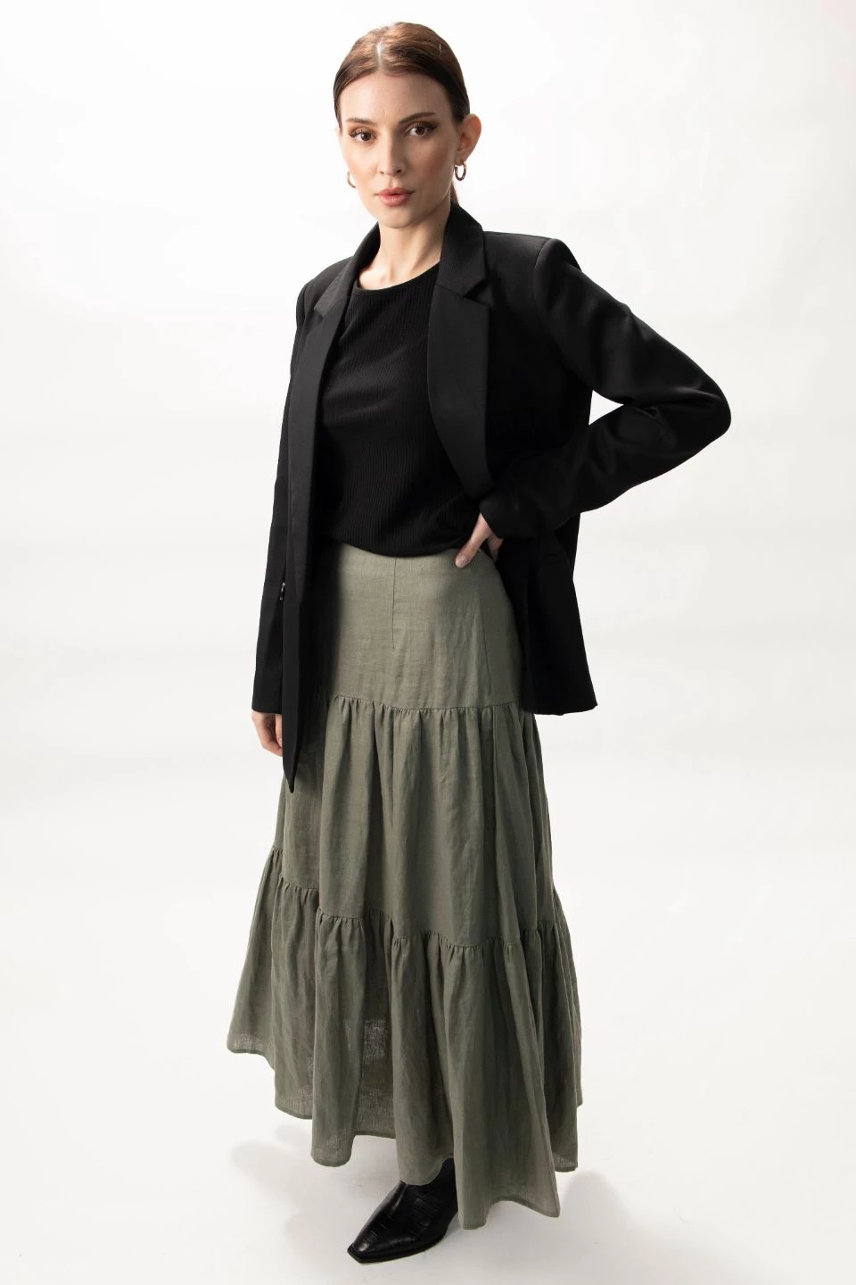 Among The Brave Skirts Blazing Moss Tiered Linen Midi Skirt