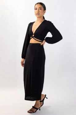 Among The Brave New In Interstellar Black Shimmer High Split Midi Skirt