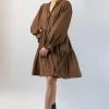 Ivy + Jack Billie Pecan Crinkle LS Frill V Neck Tiered Mini Dress New In
