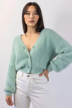 Among The Brave Knitwear Tender Sage Fluffy Blousen Sleeve Cropped Cardigan