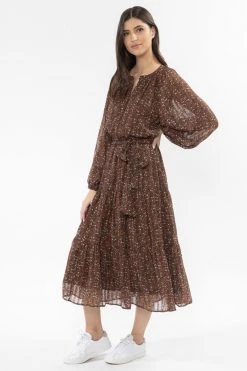 Billie The Label Vivacious Brown Floral Mid Sleeve V Neck Tiered Midi Dress New In
