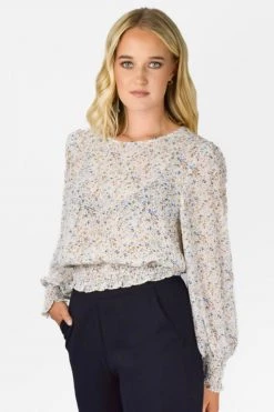 Among The Brave Pure Ivory Ditsy Botanic LS Georgette Puff Sleeve Shirred Hem Top Tops & Tees