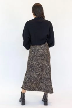 Ivy + Jack Ivy Black Mini Leopard Satin Midi Bias Skirt Skirts