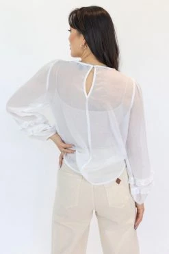 Among The Brave Ava Ivory Crinkle Shimmer Double Ruffle Puff Sleeve Top