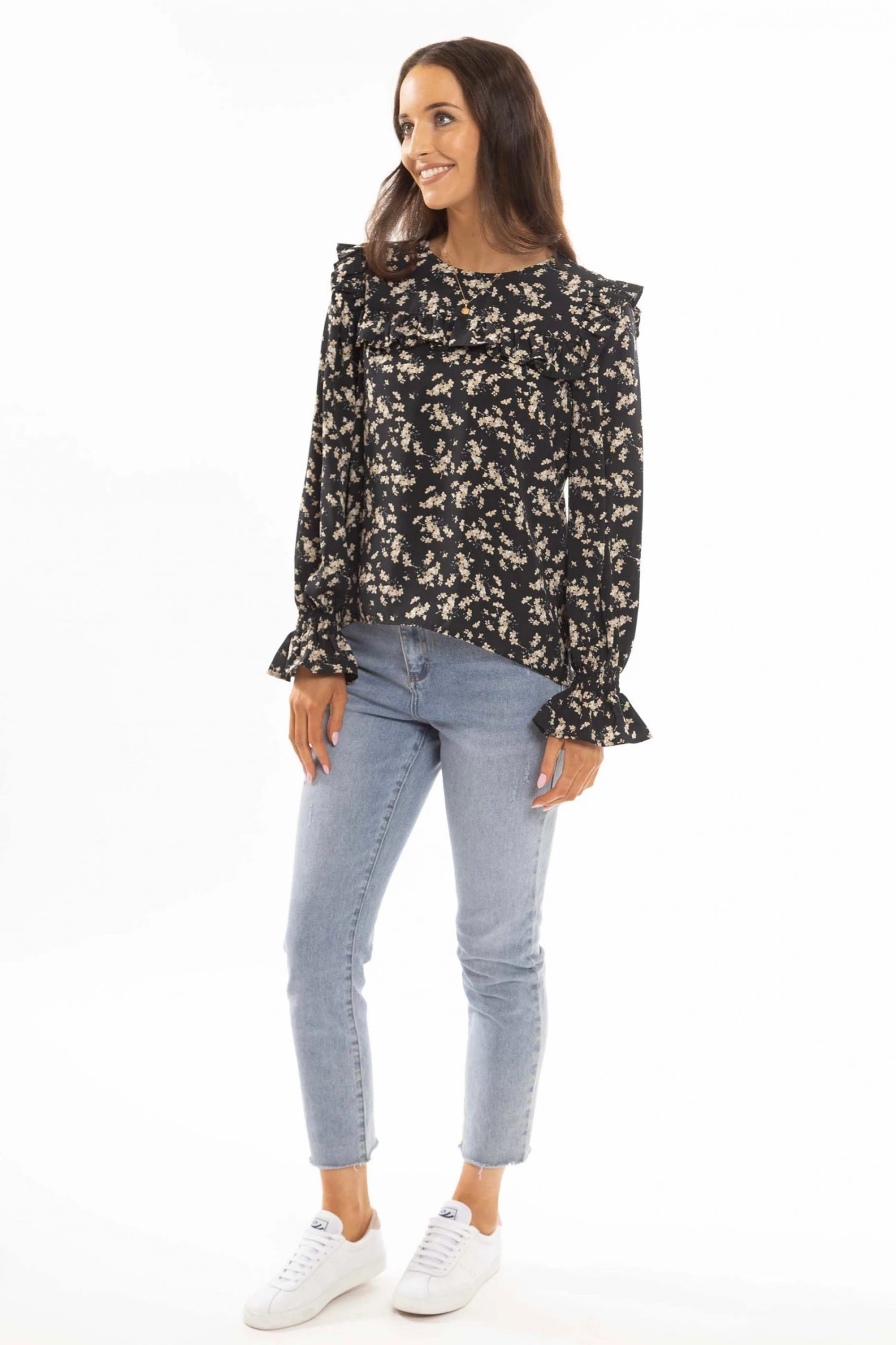 Leila + Luca Compliment Navy Frill Detail LS Top New In