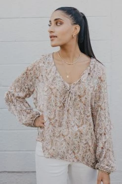 Among The Brave Day Dream Cream Floral With Lurex Stripe Frill Neck LS Frill Sleeve Top