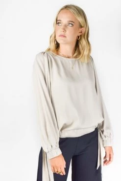 Among The Brave New In Jupiter Sand LS Puff Sleeve Satin Tie Hem Top