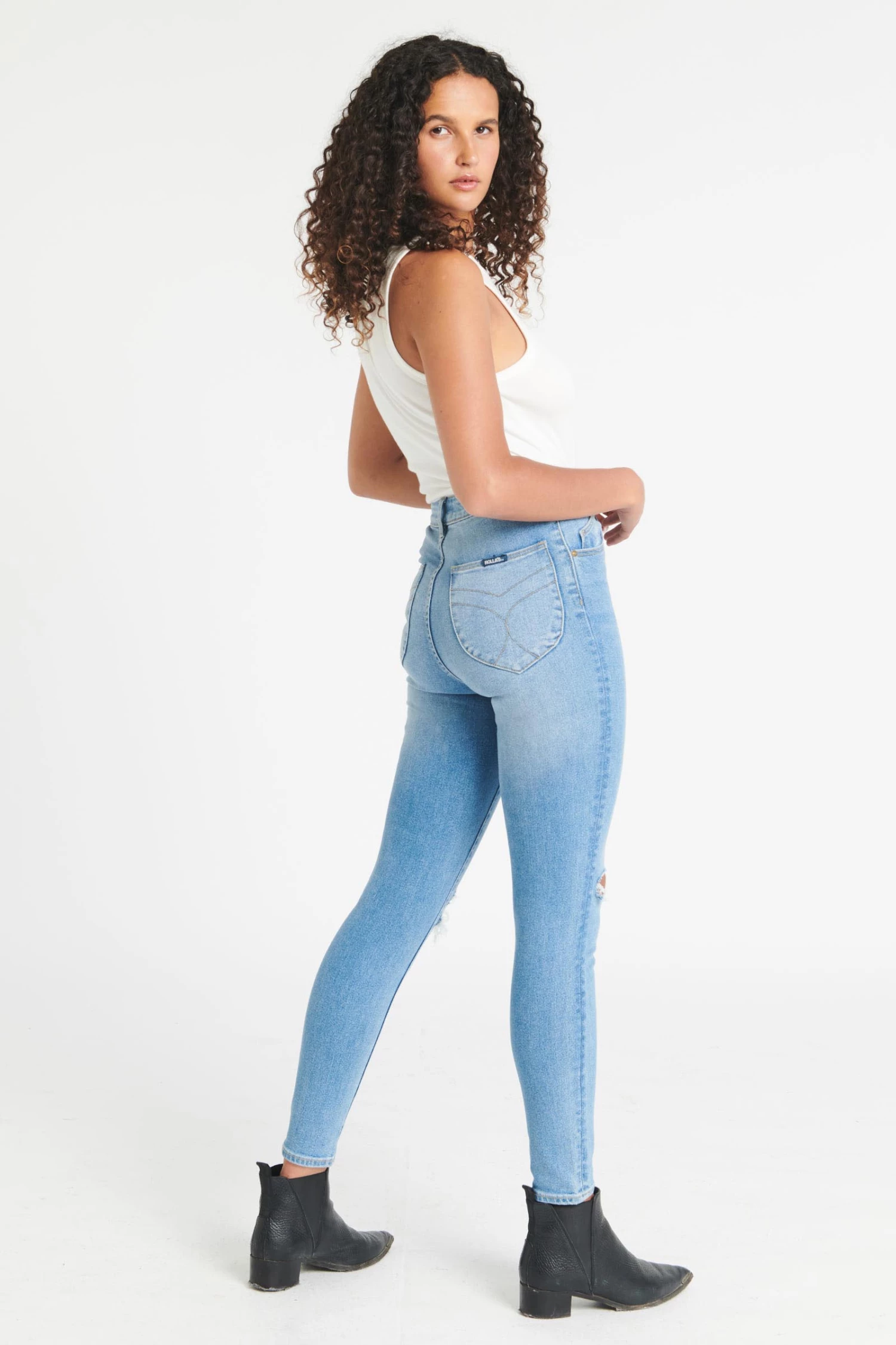 Rollas Eastcoast Ankle Ocean Blue Worn Knee Rip Skinny Denim Jean