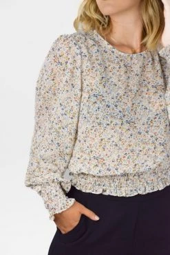 Among The Brave Pure Ivory Ditsy Botanic LS Georgette Puff Sleeve Shirred Hem Top Tops & Tees